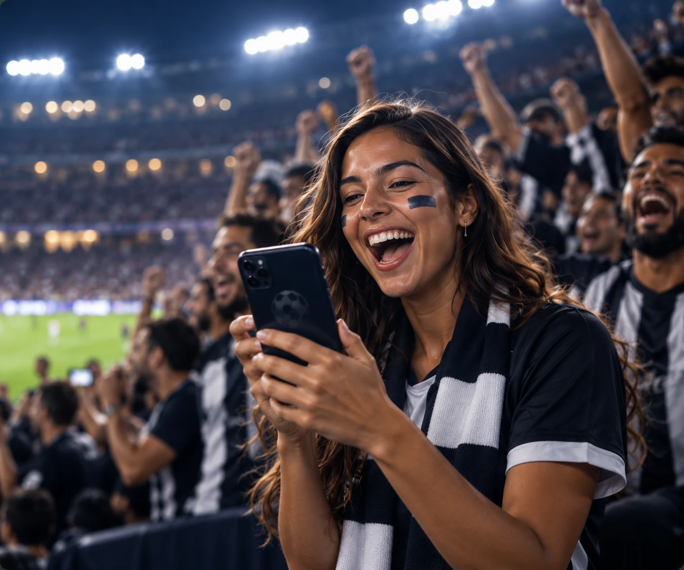 Torcedora acompanhando o futebol no celular e vibrando com a comunidade no estádio