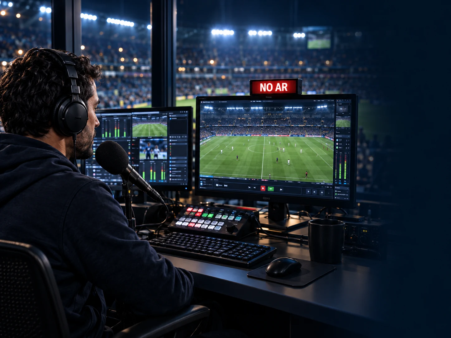 Produtor com headset, microfone e controle de transmissão acompanhando uma partida de futebol